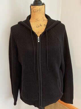 Relativity Black Waffle Knit Full Zip Hoodie Sweater Women Large